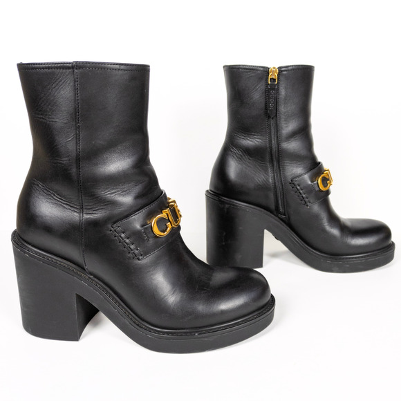 GUCCI Black Leather Cara Big Logo Chunky Heeled Bootie Mid Calf Women's EU 38 - Picture 4 of 11